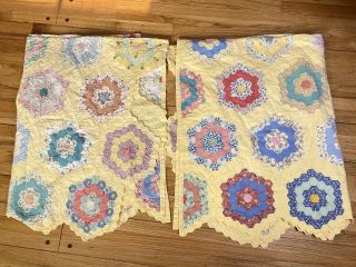 Vtg 30s 40s Matching Twin Quilts Grandmothers Garden Feedsack Hand Stitched