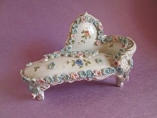 Antique Porcelain Doll House Chaise Lounge Miniature Couch Flowers Gold Vintage