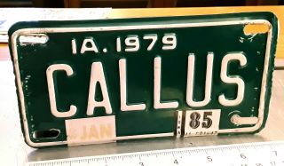 Iowa - 1985 Vanity Motorcycle License Plate - Call Us Dark Green W/white