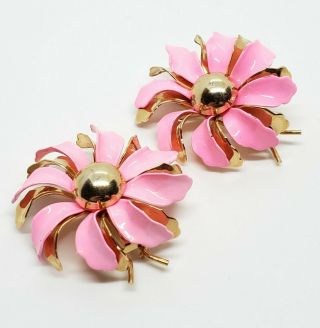 Ornate Vintage Gold Tone Modernist Pink Enamel Wild Flower Hair Clips