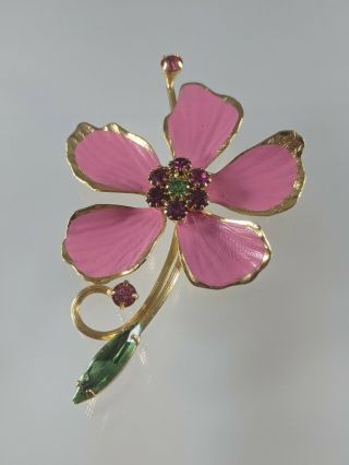Weiss Flower Pin W/ Pink & Green Rhinestones Vtg Brooch