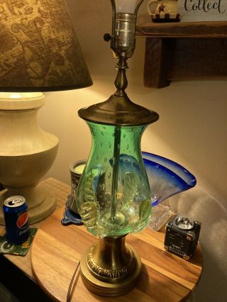 Antique Brass And Green Depression Glass Large Lamp Vintage Unique