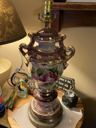 Vintage Victorian Large Rose Pink Lavender Gold Trim Stunning Antique Large Lamp