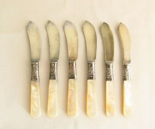 6 Antique Victorian Knife Butter/desert Mother Of Pearl - Sterling Ferrule