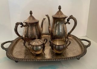 Vintage Leonard Silverplate 5 Piece Coffee Tea Set With Footed Serving Tray