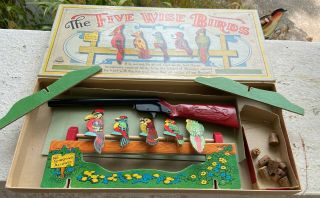 Antique Parker Bros.  Five Wise Birds Target Game W/daisy Cork Gun - Plymouth,  Mich