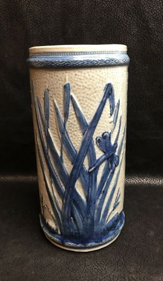 Antique C1903 Sleepy Eye Weir Pottery Cattails Dragonfly Blue Vase