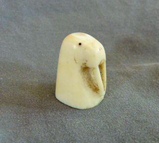 Antique Inuit Eskimo Carving Bone Tooth Walrus Head Scrimshaw Finial/Handle/Knob 2