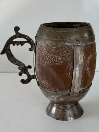 Antique White metal Cavred Coconut Cup tankard low grade silver or silver plate 2