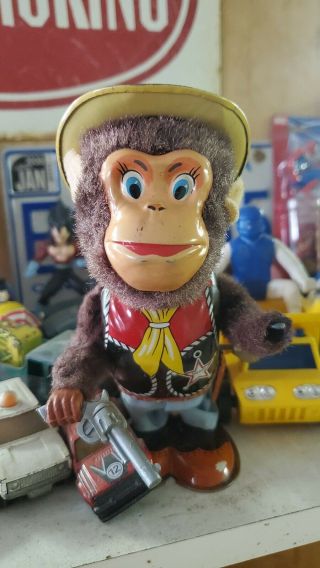 Vintage Nomura Japan Wind Up Tin Litho Monkey The Sheriff Toy Parts