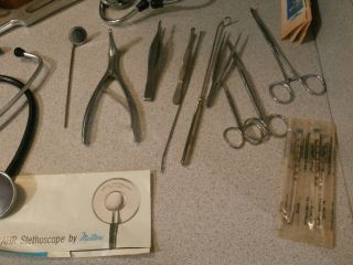 Vntg.  UpJohn Dr.  Bag w/ Tycos 3 Headed Stethoscope,  Glass Thermometer & More 3