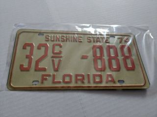 Florida Fl License Plate 32cv888 Triple 8 Lucky Chinese 1974 Sunshine State