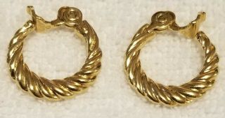 Vintage Signed Monet Gold Tone Twist Rope Pattern Hanging Earrings Clip On