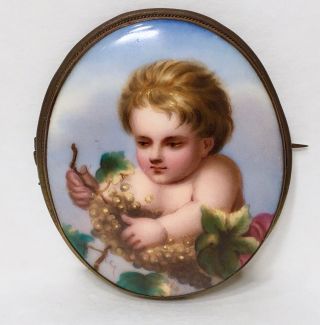 Antique Hand Painted Porcelain Portrait Brooch Young Bacchus France