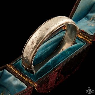 Antique Vintage Art Deco English Sterling Silver 7 " Hinged Leaf Bangle Bracelet