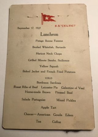White Star Line Ss Celtic Ship Luncheon Menu Sept 17 1927