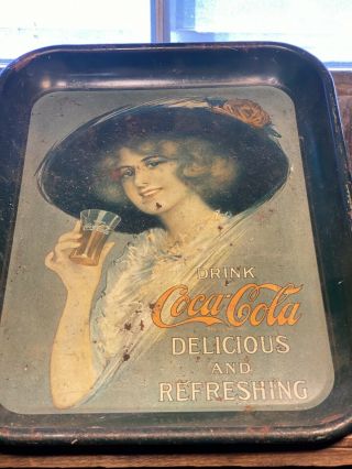 Antique 1912 COCA COLA TRAY Metal Lithograph Hamilton King Girl 3