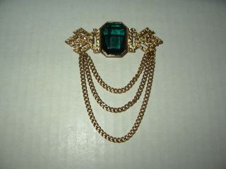 Large Vintage Michele Lynn Goldtone Emerald Green Crystal & 3 Chains Brooch Pin
