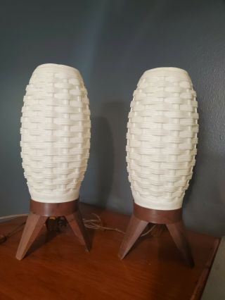 Vintage Mid Century Modern Basket Weave Beehive Tripod Lamps