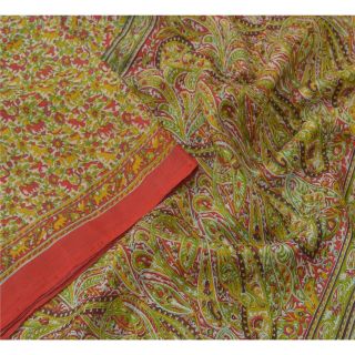 Sanskriti Vintage Green Sarees Printed 100 Pure Silk Sari Craft 5 Yard Fabric