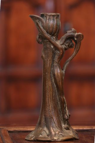 Solid Bronze Art Nouveau Style Figural Woman Candle Holder