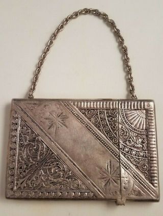 Vintage Etched Sterling Silver Calling Card Case Card Holder With Wristlet Chain