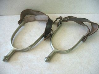 Vintage Knob End Boot Spurs With Leather Straps.  All Nickel.  Made In England