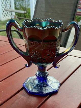 Antique Fenton Orange Tree Carnival Art Glass Blue Loving Cup