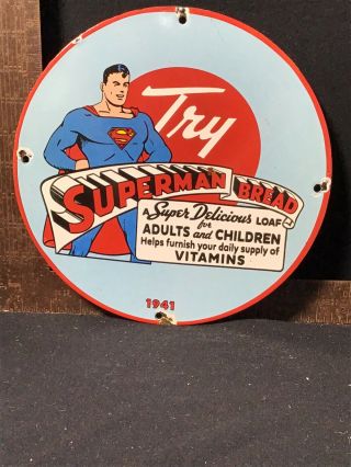 Rare Vintage Superman Bread Porcelain Comic Book Gasoline Oil Sign Pump Plate 41