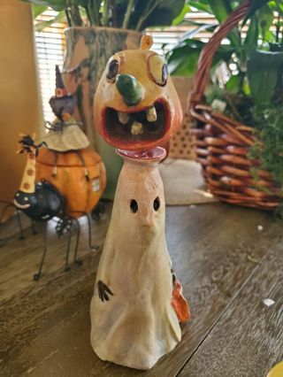 Vintage Halloween Ceramic Jack O Lantern Ghost Pumpkin Bobblehead Nodder