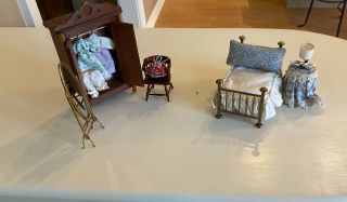 Dollhouse Bedroom With Bed,  Dresser,  Nightstand,  Mirror,  Chair - Vintage
