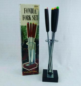Mcm Vintage Fondue Fork Set With Stand Wood & Metal