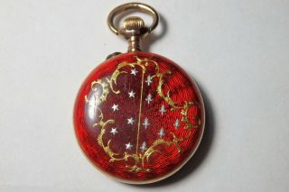 Antique Hand Painted Red Guilloche Enamel & 14k Rose Gold Filled Pocket Watch