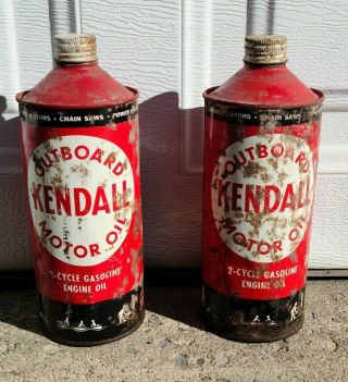 2 Vintage Kendall Outboard Motor Oil 1 Quart All Metal Cone Top Can