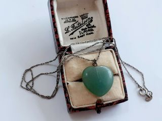 Vintage 20 Inch Sterling Silver Necklace With Jade Heart Pendant