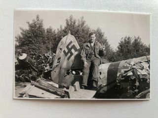 1940s Wwii Era Photograph Soldier Posing Front Crashed German Plane X
