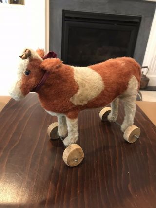 Antique Mohair Hard Stuffed Cow Steer Pull Toy On Wood Wheels - Steiff?