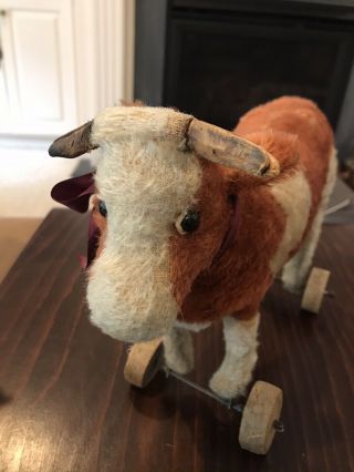 Antique Mohair Hard Stuffed Cow Steer Pull Toy on Wood Wheels - Steiff? 2