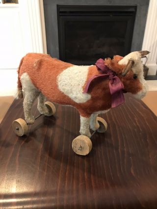 Antique Mohair Hard Stuffed Cow Steer Pull Toy on Wood Wheels - Steiff? 3