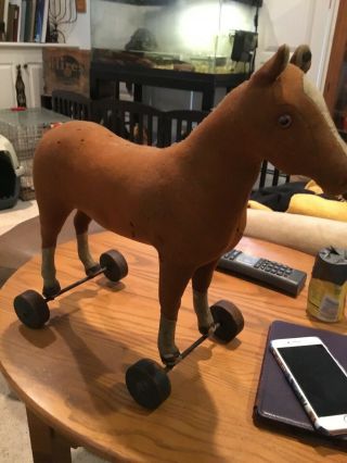 Antique Steiff Felt Straw Stuffed Horse Pull Toy On Wood Wheels
