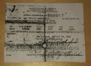 1947 Airman Certificate Civil Aeronautics Administration Airplane Aircraft Pilot