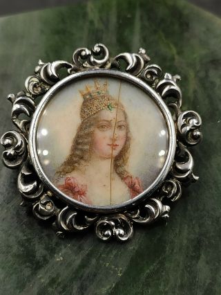 Antique Victorian Cameo Portrait Sterling Silver Hand Painted Pendant Brooch