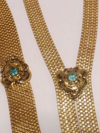Vintage Gold Tone Mesh 20 " Lariat Necklace And Bracelet Set Aqua Rhinestones