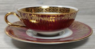 Vtg Porzellan Manufaktur Bavaria Porcelain Demitasse Cup Saucer Maroon Gold