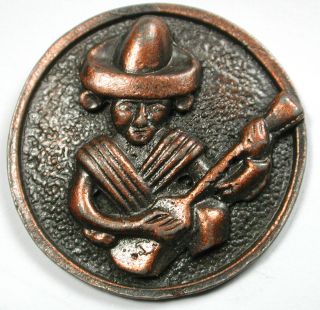 Vintage Copper Finish Button Ethnic Man Plays Guitar Scene - 1 & 3/8 "