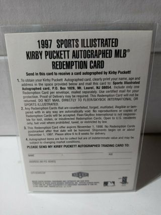 1997 Sports Illustrated Kirby Puckett Autographed Redemption Card Fleer 2