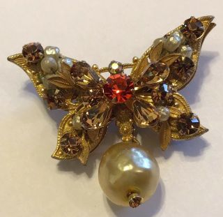 Vintage Miriam Haskell Signed Baroque Pearl Rhinestone Butterfly Brooch