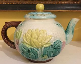 Antique Majolica Samuel Lear Yellow Pond Lily 9” Teapot W/lid