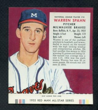 1955 Red Man 10nl Warren Spahn Braves Nr - Mt W/tab 384146 (kycards)