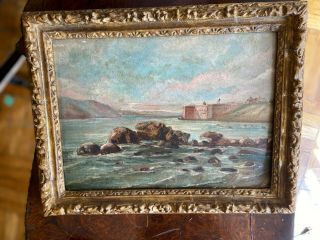 Antique Oil On Canvas Painting Of The Sea Cliffs 15 1/2 In X 12 In Signed